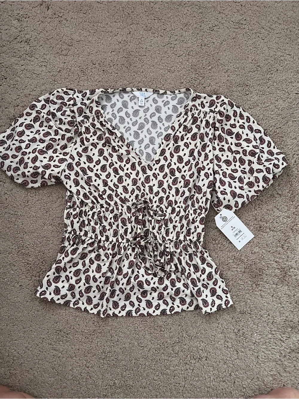 Time and Tru Cream Paisley V-Neck Peplum Top with Drawstring